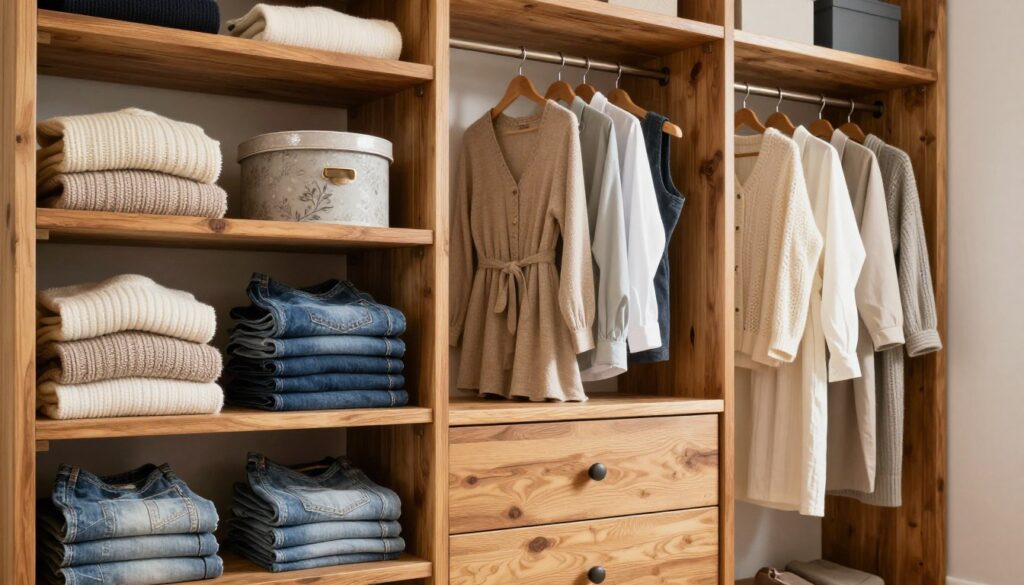 A rustic wardrobe interior, showcasing a thoughtfully organized space that emphasizes capacity and order. The foreground features neatly arranged shelves with folded sweaters, neatly stacked jeans, and a few decorative storage boxes. In the middle, there are hanging garments like dresses and shirts, expertly displayed to maximize visibility. A pair of stylish wooden drawers adds elegance. The background shows a warm wooden framework, with soft, diffused lighting that creates a cozy ambiance, suggesting a natural wood finish. The angle is slightly above eye level, capturing the essence of rustic charm while highlighting functionality. The overall mood is serene and inviting, perfect for inspiring an organized lifestyle. A rustic wardrobe interior, showcasing a thoughtfully organized space that emphasizes capacity and order. The foreground features neatly arranged shelves with folded sweaters, neatly stacked jeans, and a few decorative storage boxes. In the middle, there are hanging garments like dresses and shirts, expertly displayed to maximize visibility. A pair of stylish wooden drawers adds elegance. The background shows a warm wooden framework, with soft, diffused lighting that creates a cozy ambiance, suggesting a natural wood finish. The angle is slightly above eye level, capturing the essence of rustic charm while highlighting functionality. The overall mood is serene and inviting, perfect for inspiring an organized lifestyle.