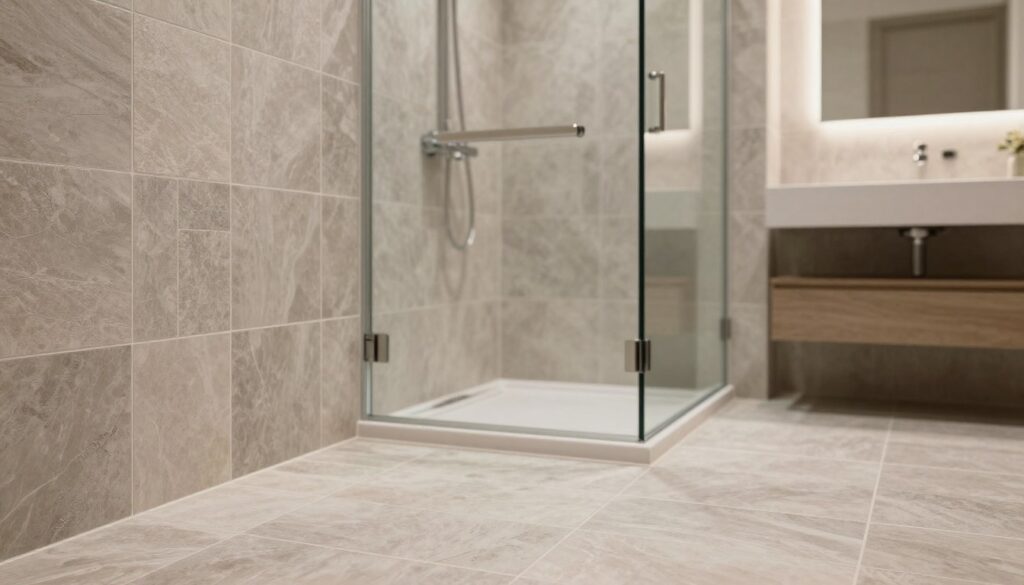 A serene and beautifully designed bathroom interior focusing on the shower area. The foreground features elegant, textured tiles arranged in a modern pattern, showcasing a height that seamlessly transitions from the floor to the wall. The middle ground captures a stylish glass shower enclosure, with soft, diffused lighting highlighting the tiles' colors and textures. In the background, light reflects off a minimalist vanity with a sink, contributing to the spacious feel of the room. The atmosphere is calm and inviting, emphasizing the importance of tile height in enhancing small bathroom spaces. Capture from a slightly elevated angle to provide depth and showcase the layout effectively.