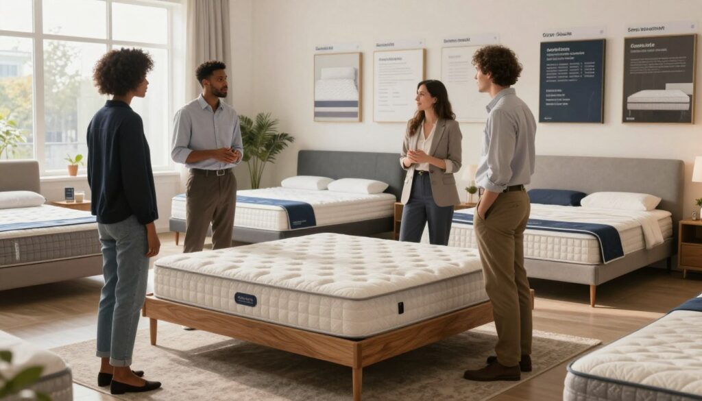 A serene and inviting bedroom scene showcasing a modern mattress selection process. In the foreground, a diverse group of individuals in professional attire discusses the features of various mattresses laid out on a stylish bed frame. An elegant wooden slatted bed frame supports a range of mattresses, highlighting different sizes and textures. The middle ground features a cozy rug and soft lighting from a nearby window, creating a warm atmosphere. The background displays a well-organized display of mattress samples with labels indicating durability, size options, and comfort levels, all illuminated by natural daylight. The overall mood is informative and engaging, perfect for guiding readers on mattress selection.