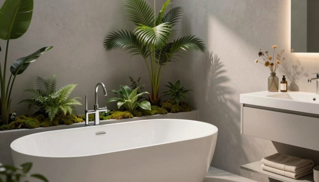 A serene and sophisticated bathroom interior featuring a harmonious palette of white, gray, and shades of green. In the foreground, a sleek white bathtub and minimalist vanity showcase elegant design lines. The middle ground is filled with lush greenery, such as potted plants and subtle moss accents, enhancing the natural feel. The background reveals soft gray walls adorned with artistic touches, reflecting calmness and modernity. Warm, diffused lighting casts gentle shadows, creating a cozy atmosphere. The scene is captured from a slightly elevated angle to provide a comprehensive view of the space, emphasizing clean aesthetics and timeless elegance, perfect for a forward-thinking bathroom design. The overall mood is tranquil and inviting, ideal for timeless spaces. A serene and sophisticated bathroom interior featuring a harmonious palette of white, gray, and shades of green. In the foreground, a sleek white bathtub and minimalist vanity showcase elegant design lines. The middle ground is filled with lush greenery, such as potted plants and subtle moss accents, enhancing the natural feel. The background reveals soft gray walls adorned with artistic touches, reflecting calmness and modernity. Warm, diffused lighting casts gentle shadows, creating a cozy atmosphere. The scene is captured from a slightly elevated angle to provide a comprehensive view of the space, emphasizing clean aesthetics and timeless elegance, perfect for a forward-thinking bathroom design. The overall mood is tranquil and inviting, ideal for timeless spaces.