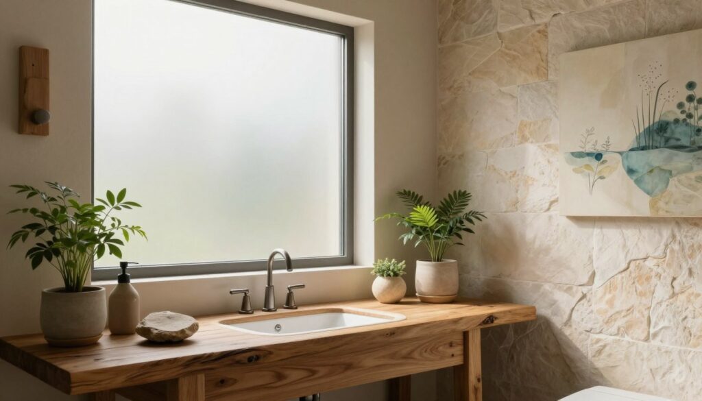 A serene bathroom interior inspired by nature, featuring soft, earthy colors like warm beige, muted greens, and gentle blues. In the foreground, a rustic wooden vanity with elegant metal fixtures and organic shapes, adorned with potted plants and natural stone accessories. In the middle, a large frosted window allowing natural light to cascade in, illuminating the space with a warm glow. The background showcases textured walls imitating natural stone, with delicate artwork depicting abstract nature scenes. The atmosphere is tranquil and inviting, conveying a sense of harmony between modern convenience and rustic charm. Ideal for a farm-style bathroom setting, with soft, diffused lighting enhancing the peaceful mood. A serene bathroom interior inspired by nature, featuring soft, earthy colors like warm beige, muted greens, and gentle blues. In the foreground, a rustic wooden vanity with elegant metal fixtures and organic shapes, adorned with potted plants and natural stone accessories. In the middle, a large frosted window allowing natural light to cascade in, illuminating the space with a warm glow. The background showcases textured walls imitating natural stone, with delicate artwork depicting abstract nature scenes. The atmosphere is tranquil and inviting, conveying a sense of harmony between modern convenience and rustic charm. Ideal for a farm-style bathroom setting, with soft, diffused lighting enhancing the peaceful mood.