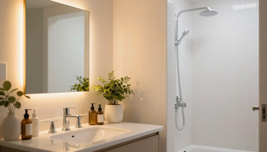 A serene bathroom scene showcasing two different lighting temperatures: one half illuminated by warm, soft yellow light, and the other by a cool, neutral white light. In the foreground, a stylish vanity with modern fixtures reflects the light colors, featuring a sleek mirror framed in delicate gold. The middle ground displays decorative plants and organized toiletries, enhancing the vibrant atmosphere. The background hints at a beautifully tiled shower area, softly lit to showcase the contrast of the warm and cool light. The overall ambiance is calm and inviting, with a focus on the interplay of warm and neutral light, emphasizing comfort and functionality in bathroom design. Use soft focus for a dreamy effect.