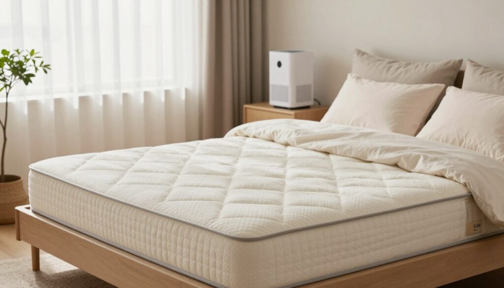 A serene bedroom designed for allergy sufferers, featuring a comfortable, hypoallergenic mattress prominently displayed in the foreground. The mattress is encased in a breathable, removable cover made from organic materials. In the middle ground, a soft, neutral-toned duvet and pillows create a cozy atmosphere. A small bedside table with a gentle air purifier highlights the focus on hygiene. The background features soft, diffused natural light streaming in through a window adorned with sheer curtains, creating a fresh and airy ambiance. Subtle greenery, such as a small potted plant, enhances the tranquil setting. The overall mood is calm and inviting, emphasizing safety and comfort for allergy-sensitive individuals. Use a wide-angle lens to capture the entire space with warm, inviting lighting.