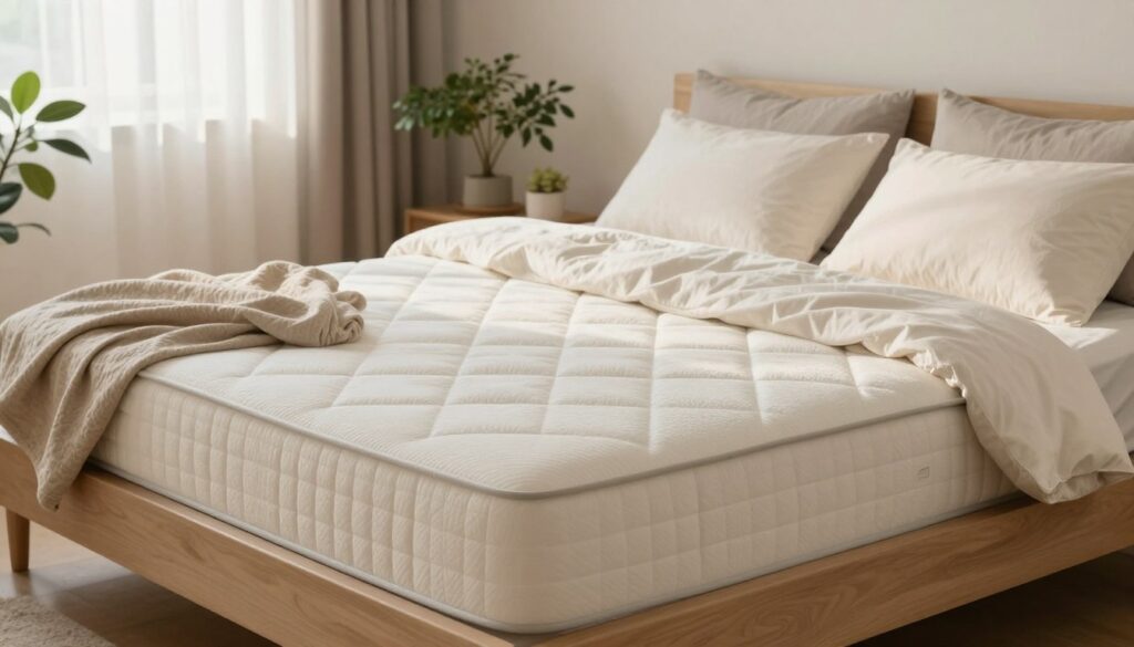 A serene bedroom environment showcasing the benefits of a firm mattress. In the foreground, a well-made bed with a neatly arranged solid mattress, featuring a cozy, neutral-colored duvet. Soft pillows are positioned symmetrically at the head of the bed. In the middle ground, a person dressed in modest casual clothing, comfortably lounging on the mattress, demonstrating its supportive qualities. The room is softly illuminated by natural light filtering through sheer curtains, casting a warm glow. In the background, calming decor elements such as green plants and soft wall colors creating a tranquil atmosphere, suggesting relaxation and comfort. The overall mood is peaceful and inviting, emphasizing the supportive nature of the firm mattress.