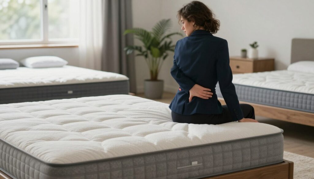 A serene bedroom scene illustrating back pain relief on a mattress, showcasing an individual in professional business attire sitting on the edge of a modern mattress, with a thoughtful expression. The foreground features a plush, medium-firm mattress highlighted by a subtle softness, contrasting with a rigid, excessively firm-looking mattress visible in the background. Soft, natural light streams in through a window, creating a calming atmosphere. The room is tastefully decorated with muted colors and minimalistic furniture, emphasizing comfort and relaxation. A potted plant adds a touch of greenery in the corner. Capture the essence of comfort versus firmness in a visually compelling way. A serene bedroom scene illustrating back pain relief on a mattress, showcasing an individual in professional business attire sitting on the edge of a modern mattress, with a thoughtful expression. The foreground features a plush, medium-firm mattress highlighted by a subtle softness, contrasting with a rigid, excessively firm-looking mattress visible in the background. Soft, natural light streams in through a window, creating a calming atmosphere. The room is tastefully decorated with muted colors and minimalistic furniture, emphasizing comfort and relaxation. A potted plant adds a touch of greenery in the corner. Capture the essence of comfort versus firmness in a visually compelling way.