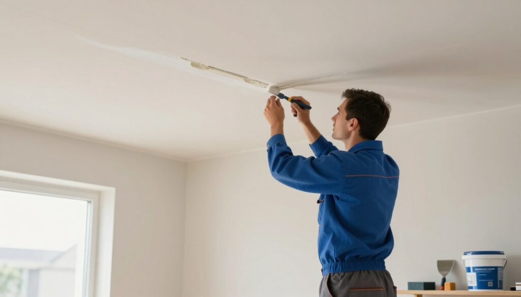 A serene interior scene of a modern home showing a professional contractor carefully applying a smooth filler to a ceiling joint, representing "spoinowanie." In the foreground, the contractor, dressed in a neat blue work shirt and gray trousers, focuses on the crack with precision tools, highlighting the texture of the filler. The middle ground features the finished, smooth surface of the ceiling, illuminated by soft, natural light coming from a nearby window. In the background, slightly blurred, are tools like a trowel, sanding block, and a bucket of paint, emphasizing the repair process. The overall atmosphere is calm and professional, conveying a sense of care in home maintenance.