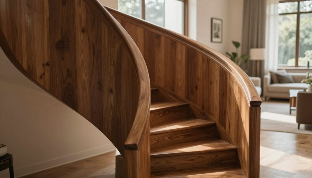 A serene interior staircase made of rich, durable wood with a smooth finish that absorbs sound, emphasizing acoustics. The image features detailed wood grain and elegant design, showcasing the gentle curves of the staircase in the foreground. In the middle ground, soft natural light filters through large windows, highlighting the warm tones of the wood and casting gentle shadows. The background reveals a tranquil living space with subtle furnishings that enhance the mood without distraction, promoting an atmosphere of peace and quiet. Capture this scene with a soft focus and a slight overhead angle to emphasize the staircase's form and the interplay of light and texture. The overall mood conveys sophistication and tranquility, perfect for illustrating the acoustical properties of wooden stairs. A serene interior staircase made of rich, durable wood with a smooth finish that absorbs sound, emphasizing acoustics. The image features detailed wood grain and elegant design, showcasing the gentle curves of the staircase in the foreground. In the middle ground, soft natural light filters through large windows, highlighting the warm tones of the wood and casting gentle shadows. The background reveals a tranquil living space with subtle furnishings that enhance the mood without distraction, promoting an atmosphere of peace and quiet. Capture this scene with a soft focus and a slight overhead angle to emphasize the staircase's form and the interplay of light and texture. The overall mood conveys sophistication and tranquility, perfect for illustrating the acoustical properties of wooden stairs.