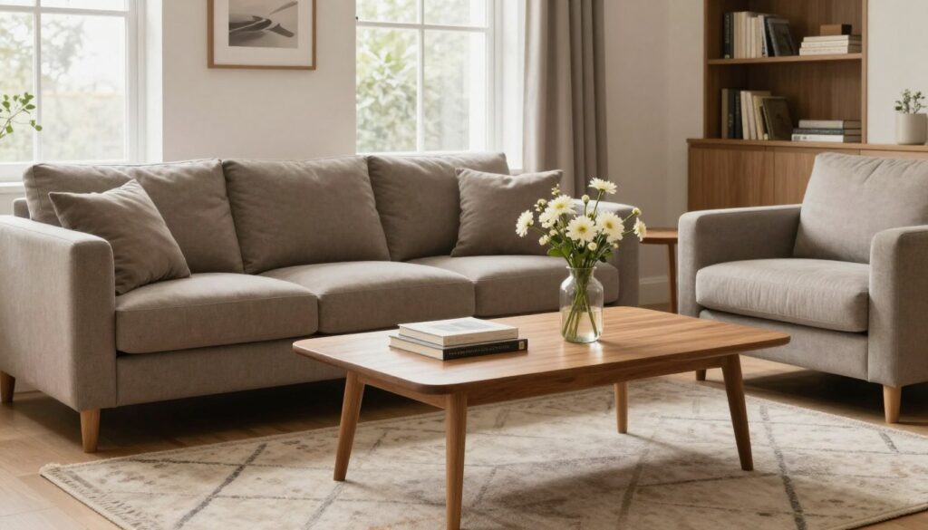 A serene living room featuring timeless design elements, with simple forms and harmonious colors. In the foreground, a cozy yet elegant sofa upholstered in muted earth tones, paired with a minimalist wooden coffee table. The middle layer showcases a subtle area rug, accentuated by geometric patterns, and tastefully arranged decor items like a vase with fresh flowers and a few art books. The background includes large windows allowing natural light to flood the space, enhancing the airy atmosphere. Soft, diffused lighting creates a warm and inviting mood, while an unobtrusive bookshelf adds to the elegance without creating visual clutter. A sense of balance and simplicity prevails, emphasizing a sophisticated yet comfortable style that underscores the essence of timeless design. A serene living room featuring timeless design elements, with simple forms and harmonious colors. In the foreground, a cozy yet elegant sofa upholstered in muted earth tones, paired with a minimalist wooden coffee table. The middle layer showcases a subtle area rug, accentuated by geometric patterns, and tastefully arranged decor items like a vase with fresh flowers and a few art books. The background includes large windows allowing natural light to flood the space, enhancing the airy atmosphere. Soft, diffused lighting creates a warm and inviting mood, while an unobtrusive bookshelf adds to the elegance without creating visual clutter. A sense of balance and simplicity prevails, emphasizing a sophisticated yet comfortable style that underscores the essence of timeless design.