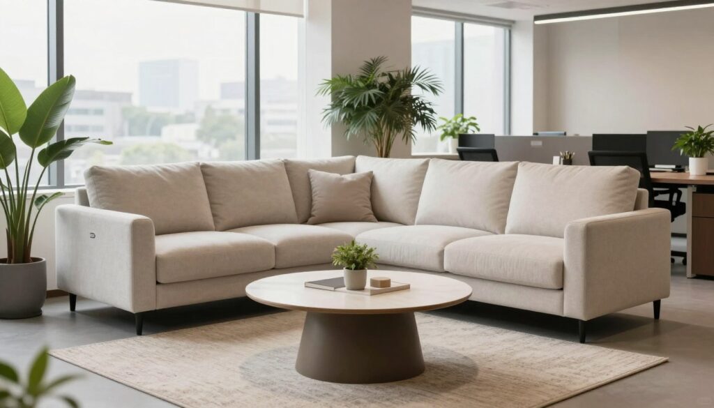 A serene, well-lit business office setting showcasing a comfortable seating area with a Gappa corner sofa in soft, light-colored upholstery. In the foreground, a stylish round coffee table sits atop a textured, light-toned rug that complements the sofa. Potted plants add a touch of greenery to the surroundings. In the middle ground, a cozy nook with natural light filtering through large windows creates an inviting atmosphere, enhancing the impression of comfort and relaxation. The background features sleek, modern decor and neutral wall colors that inspire a tranquil vibe, embodying the concept of affordability and budget-friendly elegance. Overall, the image should convey a sense of balance, accessibility, and a welcoming ambiance. A serene, well-lit business office setting showcasing a comfortable seating area with a Gappa corner sofa in soft, light-colored upholstery. In the foreground, a stylish round coffee table sits atop a textured, light-toned rug that complements the sofa. Potted plants add a touch of greenery to the surroundings. In the middle ground, a cozy nook with natural light filtering through large windows creates an inviting atmosphere, enhancing the impression of comfort and relaxation. The background features sleek, modern decor and neutral wall colors that inspire a tranquil vibe, embodying the concept of affordability and budget-friendly elegance. Overall, the image should convey a sense of balance, accessibility, and a welcoming ambiance.