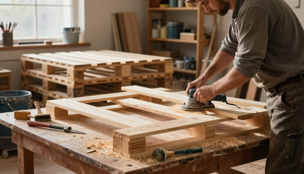 A serene workshop scene depicting the preparation of pallet wood for a bed frame, focusing on the cleaning and sanding process. In the foreground, a skilled craftsman in modest casual clothing is diligently sanding a wooden pallet with a power sander, surrounded by tools like a brush and buckets for cleaning. The middle ground features stacked wooden pallets, showcasing their rustic texture and wear. A warm, natural light filters through a nearby window, creating soft shadows that enhance the inviting atmosphere of the workshop. Tools and sawdust scattered across a sturdy workbench add to the detailed, craft-focused environment. The background features wooden shelves lined with supplies, emphasizing an organized workspace that inspires creativity. The overall mood is one of diligence and craftsmanship, perfect for creating an aesthetic yet sturdy bed frame.