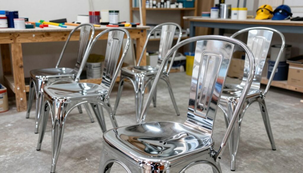 A set of sleek, chrome-finished chairs arranged in a well-lit workshop. In the foreground, a close-up view of one of the chairs reveals the shiny metallic surface, reflecting ambient light and showcasing minor scratches and imperfections. The middle ground features additional chairs in varying states of wear, some leaning against a wooden workbench cluttered with paint cans, sandpaper, and tools. In the background, shelves filled with painting supplies and safety gear hint at an active renovation space. The lighting is bright and direct, emphasizing the chrome's reflective qualities. The mood is focused and industrious, conveying a sense of preparation and attention to detail before the painting process begins.