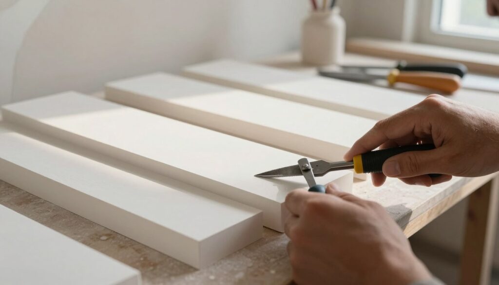 A skilled artisan meticulously cutting gypsum stone pieces for wall installation. In the foreground, close-up of hands holding a precise cutting tool against a smooth, pale gypsum stone. The middle ground features a beautifully arranged array of trimmed gypsum pieces, showcasing clean edges and meticulously crafted corners that reflect attention to detail. The background includes a softly lit workspace filled with tools and hints of a partially finished wall adorned with the gypsum stone, creating a warm and inviting atmosphere. Natural light filters in through a nearby window, casting gentle shadows that emphasize texture and depth. The overall mood conveys craftsmanship, precision, and a dedication to quality.