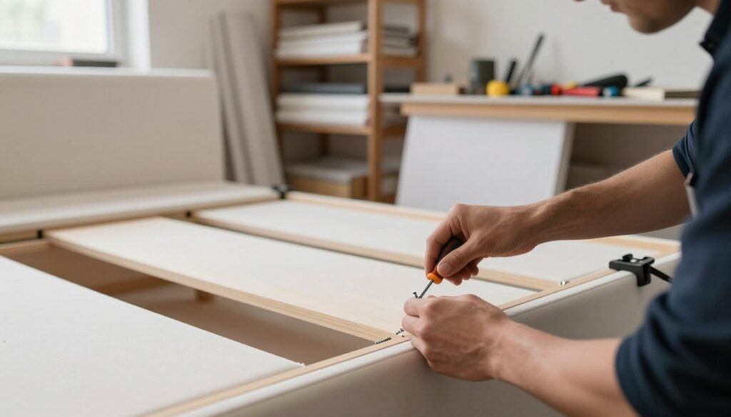 A skilled craftsperson in a well-lit workshop is assembling a bed frame after upholstery. The foreground features hands tightening screws, showcasing detailed tools such as a screwdriver and clamps. In the middle ground, a partially upholstered headboard is visible, with fabric neatly arranged, emphasizing a clean, smooth finish. The background includes shelves filled with upholstery materials and tools, creating an organized, professional atmosphere. Soft, natural light streams through a nearby window, highlighting the textures of the fabrics and wood grains. The mood is focused and meticulous, conveying a sense of craftsmanship and attention to detail. The composition captures the essence of care in finishing touches and the aesthetic appeal of the constructed bed frame. A skilled craftsperson in a well-lit workshop is assembling a bed frame after upholstery. The foreground features hands tightening screws, showcasing detailed tools such as a screwdriver and clamps. In the middle ground, a partially upholstered headboard is visible, with fabric neatly arranged, emphasizing a clean, smooth finish. The background includes shelves filled with upholstery materials and tools, creating an organized, professional atmosphere. Soft, natural light streams through a nearby window, highlighting the textures of the fabrics and wood grains. The mood is focused and meticulous, conveying a sense of craftsmanship and attention to detail. The composition captures the essence of care in finishing touches and the aesthetic appeal of the constructed bed frame.