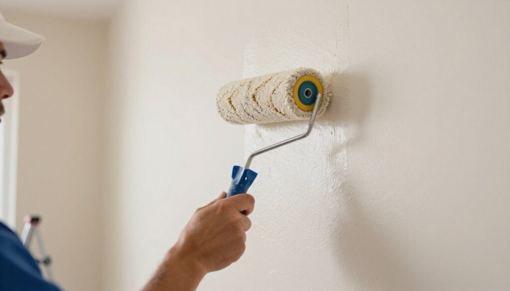 A skilled painter in professional attire applying a smooth layer of wall compound using a roller. The foreground showcases the painter carefully maneuvering a textured roller over the wall, creating a flawless and even coat. The middle ground features a close-up of the roller and the wall's surface, revealing fine details of the compound's texture and the strokes of the roller. In the background, a tranquil room environment with warm, diffused lighting highlights the fresh, clean walls ready for painting. The atmosphere conveys a sense of professionalism and diligence, symbolizing the meticulous technique essential for achieving a perfect finish without imperfections or waves. The lens perspective is slightly tilted to emphasize the action of the painter while maintaining focus on the wall surface.