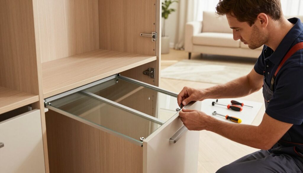 A skilled technician, wearing professional attire, is carefully disassembling a set of sliding wardrobe doors from a modern Komandor wardrobe. In the foreground, we see the technician focusing on a delicate procedure, ensuring that no damage occurs to the glass panels. The wardrobe is sleek and contemporary, featuring a light wood finish with minimalist handles. In the middle ground, various tools like a screwdriver and a small wrench are neatly arranged on a workspace, emphasizing organization and precision. The background showcases an elegant living room setting with soft lighting that casts a warm glow, creating a calm and focused atmosphere. The composition is shot from a slightly elevated angle, giving depth and context to the process while keeping all elements in sharp focus. A skilled technician, wearing professional attire, is carefully disassembling a set of sliding wardrobe doors from a modern Komandor wardrobe. In the foreground, we see the technician focusing on a delicate procedure, ensuring that no damage occurs to the glass panels. The wardrobe is sleek and contemporary, featuring a light wood finish with minimalist handles. In the middle ground, various tools like a screwdriver and a small wrench are neatly arranged on a workspace, emphasizing organization and precision. The background showcases an elegant living room setting with soft lighting that casts a warm glow, creating a calm and focused atmosphere. The composition is shot from a slightly elevated angle, giving depth and context to the process while keeping all elements in sharp focus.