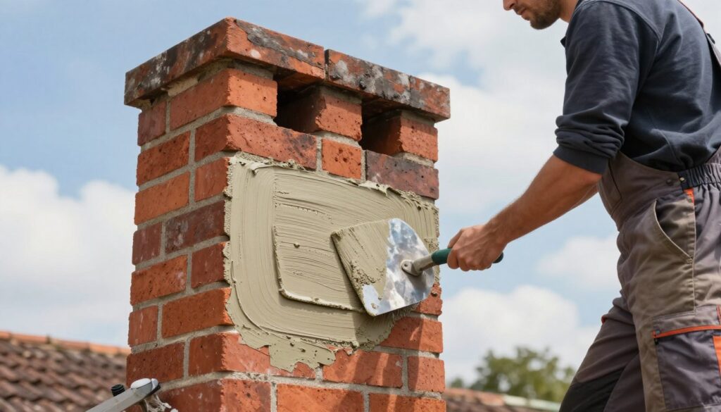 A skilled worker applying a protective plaster to a brick chimney in a serene residential setting. In the foreground, the laborer, dressed in a professional shirt and sturdy work pants, carefully smooths a layer of tynk with a trowel, showcasing detailed texture and technique. The middle ground features the chimney itself, with rich red bricks and an emerging layer of freshly applied tynk that highlights its resistance qualities. A blue sky with scattered clouds provides a bright and cheerful atmosphere in the background, enhancing the scene’s clarity and portraying ideal working conditions. The lighting is soft and natural, creating gentle shadows that emphasize the worker’s focused expression as he ensures an even finish, symbolizing diligence and expertise. A skilled worker applying a protective plaster to a brick chimney in a serene residential setting. In the foreground, the laborer, dressed in a professional shirt and sturdy work pants, carefully smooths a layer of tynk with a trowel, showcasing detailed texture and technique. The middle ground features the chimney itself, with rich red bricks and an emerging layer of freshly applied tynk that highlights its resistance qualities. A blue sky with scattered clouds provides a bright and cheerful atmosphere in the background, enhancing the scene’s clarity and portraying ideal working conditions. The lighting is soft and natural, creating gentle shadows that emphasize the worker’s focused expression as he ensures an even finish, symbolizing diligence and expertise.