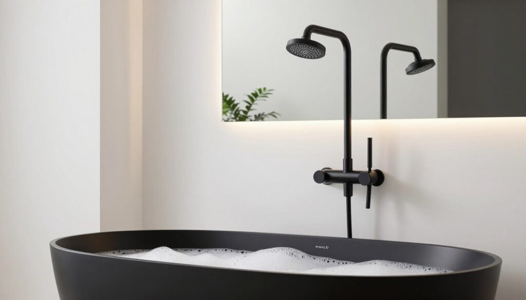 A sleek black bathroom faucet and showerhead set against a minimalist white backdrop, showcasing elegant modern design while highlighting the contrast of black and white. The foreground features a matte black freestanding bathtub filled with bubbles, inviting indulgence. In the middle, a stylish wall-mounted black shower system is visible, complete with a rain showerhead and tactile control knobs. Soft, warm lighting bathes the scene, creating a serene ambiance. The background features a large mirror reflecting the black fixtures and a small plant for a touch of nature. The atmosphere is calm and luxurious, emphasizing a balance between contrast and warmth in a contemporary bathroom setting.