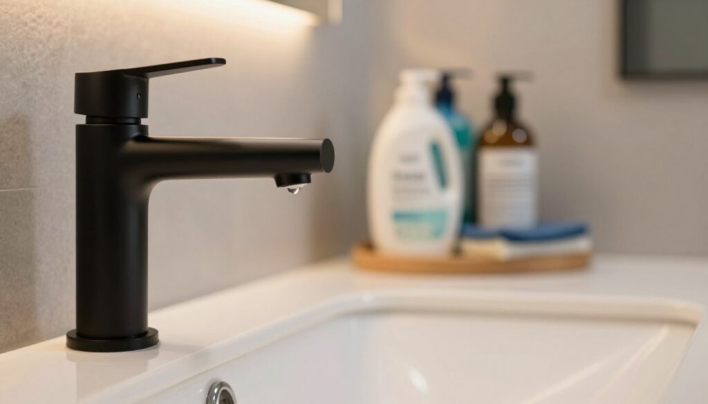 A sleek black faucet set against a minimalist, modern bathroom background. In the foreground, a shimmering water droplet slides off the faucet, showcasing its hydrophobic coating. The faucet features smooth, curved lines and a glossy finish, reflecting soft overhead lighting that highlights its elegance. In the middle ground, a subtle display of various cleaning products designed for black fixtures is arranged neatly, emphasizing an organized and professional cleaning environment. The background is softly blurred, drawing attention to the focal elements without distraction. The atmosphere exudes a sense of cleanliness and sophistication, with warm tones that convey comfort and style. The image should feel crisp and vibrant, evoking an appreciation for the beauty and care of black bathroom fixtures.