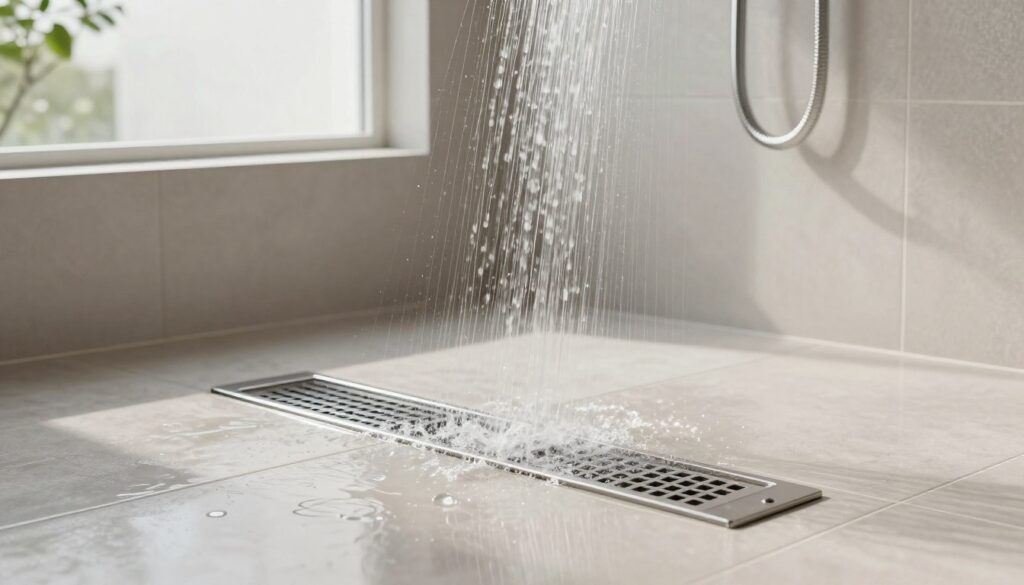 A sleek, modern bathroom setting featuring a linear drain integrated with a large, elegant showerhead. In the foreground, a detailed view of the drain showcases its efficient design and water flow dynamics, with a subtle splash of water cascading down. The middle of the image highlights the rain shower, surrounded by stylish tiles that reflect light, creating a serene atmosphere. In the background, soft ambient lighting enhances the clean lines of the space, while a hint of greenery peeks through a frosted window, adding a touch of tranquility. The overall mood conveys professionalism and elegance, perfect for illustrating the importance of drainage capacity and syphon compatibility. A sleek, modern bathroom setting featuring a linear drain integrated with a large, elegant showerhead. In the foreground, a detailed view of the drain showcases its efficient design and water flow dynamics, with a subtle splash of water cascading down. The middle of the image highlights the rain shower, surrounded by stylish tiles that reflect light, creating a serene atmosphere. In the background, soft ambient lighting enhances the clean lines of the space, while a hint of greenery peeks through a frosted window, adding a touch of tranquility. The overall mood conveys professionalism and elegance, perfect for illustrating the importance of drainage capacity and syphon compatibility.