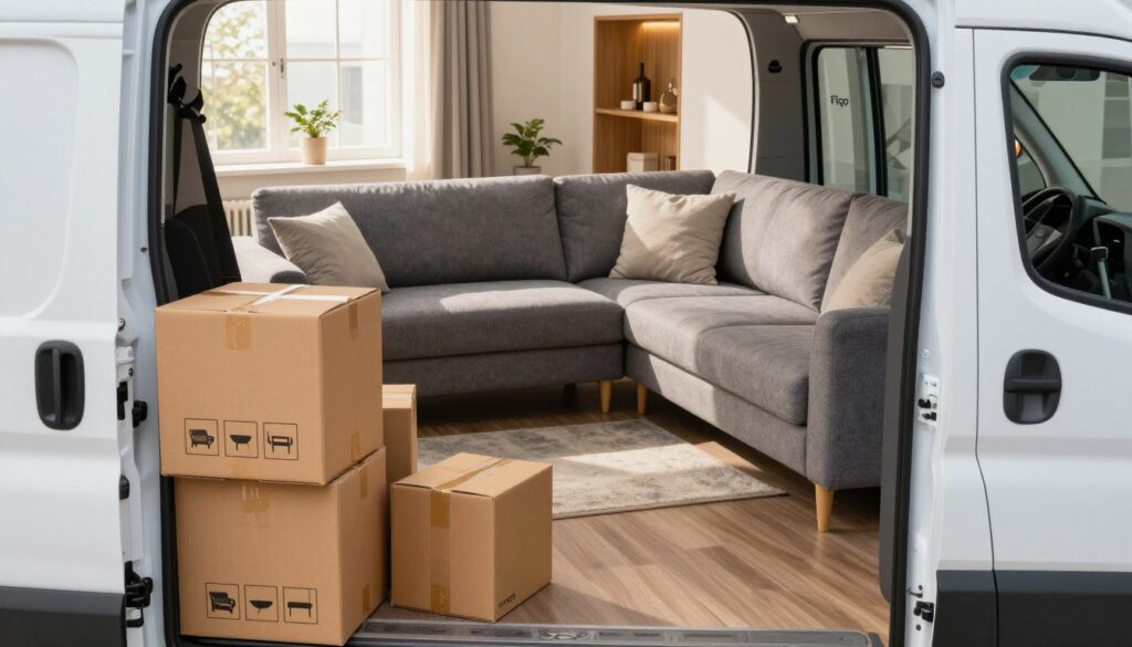 A sleek, modern delivery van parked outside a stylish, compact living room featuring the Figo corner sofa. In the foreground, a neatly stacked pile of delivery boxes labeled with furniture icons, hinting at the contents. The middle ground displays the Figo sofa in muted grey fabric, complemented by soft pillows, arranged neatly in the inviting, sunlit living room. The background reveals a welcoming entryway with minimalistic decor and warm light streaming through a window, enhancing the cozy atmosphere. The scene captures the professional energy of furniture delivery, with emphasis on organization and preparation. The lighting is bright, with a soft ambiance that conveys a sense of calm and anticipation for the new furnishings. The angle is slightly elevated, showcasing the van alongside the inviting living space. A sleek, modern delivery van parked outside a stylish, compact living room featuring the Figo corner sofa. In the foreground, a neatly stacked pile of delivery boxes labeled with furniture icons, hinting at the contents. The middle ground displays the Figo sofa in muted grey fabric, complemented by soft pillows, arranged neatly in the inviting, sunlit living room. The background reveals a welcoming entryway with minimalistic decor and warm light streaming through a window, enhancing the cozy atmosphere. The scene captures the professional energy of furniture delivery, with emphasis on organization and preparation. The lighting is bright, with a soft ambiance that conveys a sense of calm and anticipation for the new furnishings. The angle is slightly elevated, showcasing the van alongside the inviting living space.
