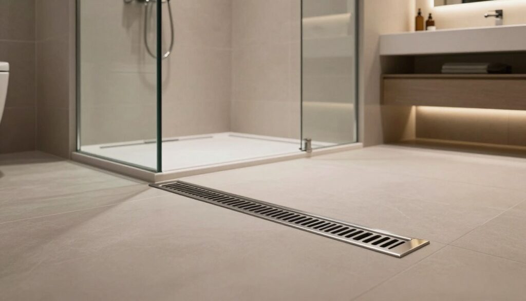 A sleek, modern linear drain installed seamlessly in a luxurious bathroom setting. In the foreground, the polished stainless steel drain is highlighted, showcasing its elegant design. The middle layer features a spacious walk-in shower with glass walls, surrounded by ceramic tiles in soft neutral tones. Ambient lighting creates a warm, inviting atmosphere, illuminating the fixtures and emphasizing the sophistication of the space. The background presents a minimalist vanity with stylish accessories, blending functionality with aesthetics. The overall mood is modern and serene, emphasizing cleanliness and contemporary design, while shadows subtly enhance the textures of the materials, focusing attention on the linear drain's practical elegance.