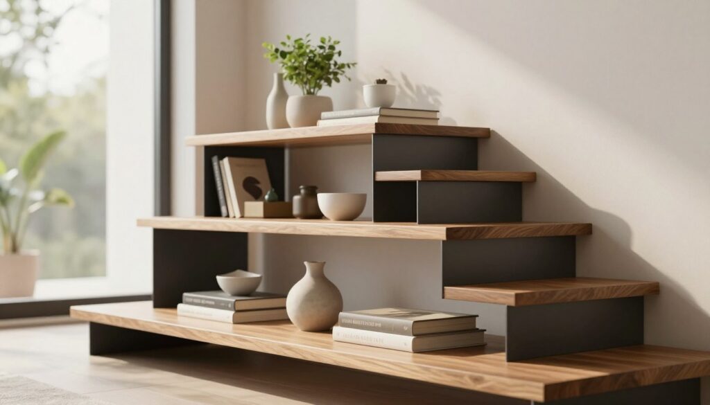 A sleek, modern shelf unit designed to resemble stairs, showcasing a variety of functional yet stylish arrangements. In the foreground, display various products artfully placed on the shelf, such as books, decorative plants, and minimalist décor. The middle of the image features the shelf itself, highlighting its lightweight appearance and robust materials, like polished wood and metal accents that ensure durability. In the background, softly blurred, a warm, inviting room with natural light filtering in through a large window, casting gentle shadows that emphasize the shelf's contours. The overall mood should feel airy and contemporary, underscoring the theme of practicality and aesthetic appeal in everyday living spaces.