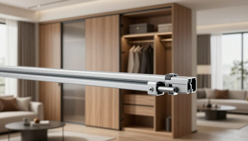 A sleek, modern sliding door system displayed in a well-lit interior setting, showcasing the compatibility of various door weights and track systems. In the foreground, a close-up view of a quality slow-down mechanism integrated into the sliding door track, emphasizing its smooth operation and durability. The middle layer features a stylish sliding wardrobe with wooden finish doors partially open, revealing elegant interior storage. In the background, a softly blurred contemporary room with neutral colors, stylish furniture, and natural light streaming through a window, creating a warm and inviting atmosphere. The scene conveys a sense of practicality and elegance, highlighting the importance of selecting compatible door systems for optimal functionality. A sleek, modern sliding door system displayed in a well-lit interior setting, showcasing the compatibility of various door weights and track systems. In the foreground, a close-up view of a quality slow-down mechanism integrated into the sliding door track, emphasizing its smooth operation and durability. The middle layer features a stylish sliding wardrobe with wooden finish doors partially open, revealing elegant interior storage. In the background, a softly blurred contemporary room with neutral colors, stylish furniture, and natural light streaming through a window, creating a warm and inviting atmosphere. The scene conveys a sense of practicality and elegance, highlighting the importance of selecting compatible door systems for optimal functionality.