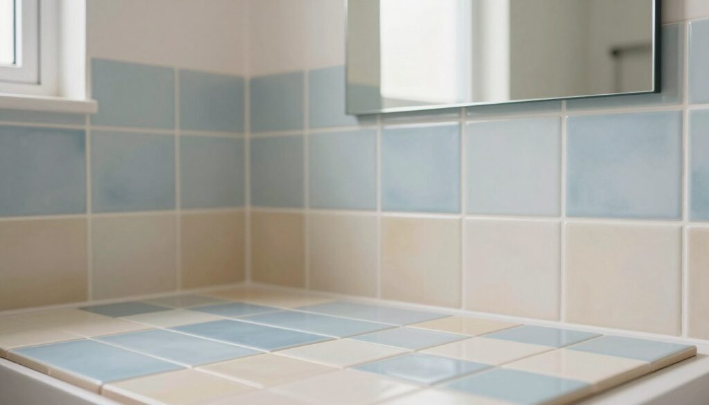 A small bathroom interior showcasing a harmonious tile color palette designed to create an illusion of spaciousness. In the foreground, various tiles with soft pastel shades, such as light blues and gentle creams, are arranged artfully on a flat surface. The middle ground features a partially tiled wall, where the tiles gradually transition in tone from warmer hues at the bottom to cooler tones at the top, enhancing verticality. In the background, a large mirror reflects the light, adding depth and brightness to the scene. The lighting is soft and diffused, simulating natural daylight, with a focus on highlighting the textures and colors of the tiles. The overall mood is serene and inviting, perfect for a compact yet aesthetically pleasing bathroom environment.