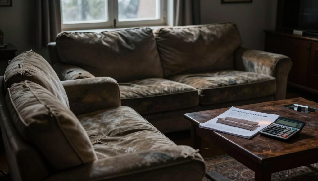 A somber living room setting featuring an old, tattered sofa in the foreground, showing signs of wear and age, such as frayed fabric and sagging cushions. In the middle ground, a nearby coffee table holds a catalog of new sofas and a calculator, illustrating the contrast between old and new. In the background, a soft-lit window reveals a gloomy outdoor scene, hinting at a dreary atmosphere. The lighting is moody, with shadows accentuating the sofa's imperfections, while a warm glow emphasizes the new catalog. Capture the essence of financial decision-making with a contemplative tone, focusing on the inequality of investing in repairs versus purchasing new furniture. The composition should evoke a sense of reflection and realism. A somber living room setting featuring an old, tattered sofa in the foreground, showing signs of wear and age, such as frayed fabric and sagging cushions. In the middle ground, a nearby coffee table holds a catalog of new sofas and a calculator, illustrating the contrast between old and new. In the background, a soft-lit window reveals a gloomy outdoor scene, hinting at a dreary atmosphere. The lighting is moody, with shadows accentuating the sofa's imperfections, while a warm glow emphasizes the new catalog. Capture the essence of financial decision-making with a contemplative tone, focusing on the inequality of investing in repairs versus purchasing new furniture. The composition should evoke a sense of reflection and realism.