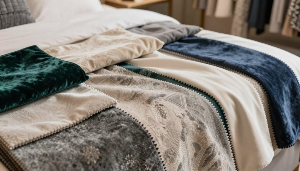 A sophisticated arrangement showcasing an array of fabric swatches in various colors and textures, emphasizing luxurious options suitable for upholstered beds. The foreground features plush velvet, smooth satin, and textured linen swatches displayed elegantly. In the middle, an array of vibrant and neutral color palettes, such as deep emerald, soft cream, and rich navy, blends harmoniously, highlighting the versatility of fabric choices. The background is softly blurred to evoke a refined boutique atmosphere. Warm, soft lighting illuminates the fabric details while creating a cozy, inviting mood. The composition focuses on the artisanal quality of the fabrics, enhancing their tactile appeal with a shallow depth of field and a slight overhead angle which showcases the intricate patterns and finishes without any text or watermarks. A sophisticated arrangement showcasing an array of fabric swatches in various colors and textures, emphasizing luxurious options suitable for upholstered beds. The foreground features plush velvet, smooth satin, and textured linen swatches displayed elegantly. In the middle, an array of vibrant and neutral color palettes, such as deep emerald, soft cream, and rich navy, blends harmoniously, highlighting the versatility of fabric choices. The background is softly blurred to evoke a refined boutique atmosphere. Warm, soft lighting illuminates the fabric details while creating a cozy, inviting mood. The composition focuses on the artisanal quality of the fabrics, enhancing their tactile appeal with a shallow depth of field and a slight overhead angle which showcases the intricate patterns and finishes without any text or watermarks.