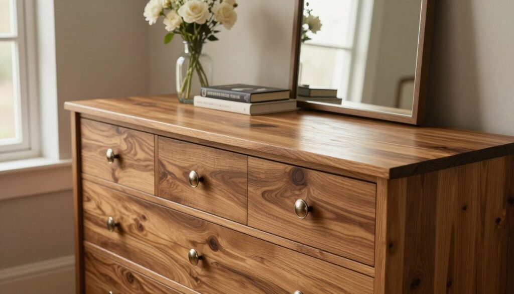 A sophisticated wooden dresser crafted from reclaimed wood, showcasing its natural grain and rich texture. The dresser is positioned elegantly in a stylish living room, surrounded by a warm, ambient light filtering through a nearby window. In the foreground, the dresser features shiny metallic knobs and reflective surfaces that subtly catch the light. The middle ground features soft, tasteful decor, such as a glass vase with delicate flowers and decorative books. In the background, sleek mirrors amplify the light and provide a sense of openness. The overall mood is tranquil yet refined, emphasizing the beauty of sustainable materials. The scene is captured from a slightly elevated angle, highlighting the dresser's craftsmanship and the harmonious interior design.