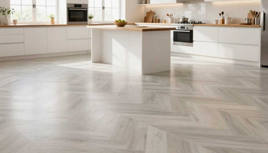 A spacious, bright white kitchen featuring stylish floor tiles that complement a wooden countertop. The foreground showcases elegant, glossy floor tiles in soft, neutral colors like light gray and beige, arranged in a herringbone pattern. The middle ground includes a modern wooden kitchen island, surrounded by high-quality kitchen appliances, all reflecting natural light from large windows. The background reveals bright cabinets and organized kitchenware, enhancing the clean, inviting atmosphere. Warm, soft lighting creates a cozy ambiance that emphasizes the durability and low-maintenance of the tile flooring, showcasing their perfect fit for a contemporary kitchen aesthetic. The angle is slightly elevated, offering a wide view of the entire kitchen while maintaining focus on the exquisite floor tiles. A spacious, bright white kitchen featuring stylish floor tiles that complement a wooden countertop. The foreground showcases elegant, glossy floor tiles in soft, neutral colors like light gray and beige, arranged in a herringbone pattern. The middle ground includes a modern wooden kitchen island, surrounded by high-quality kitchen appliances, all reflecting natural light from large windows. The background reveals bright cabinets and organized kitchenware, enhancing the clean, inviting atmosphere. Warm, soft lighting creates a cozy ambiance that emphasizes the durability and low-maintenance of the tile flooring, showcasing their perfect fit for a contemporary kitchen aesthetic. The angle is slightly elevated, offering a wide view of the entire kitchen while maintaining focus on the exquisite floor tiles.