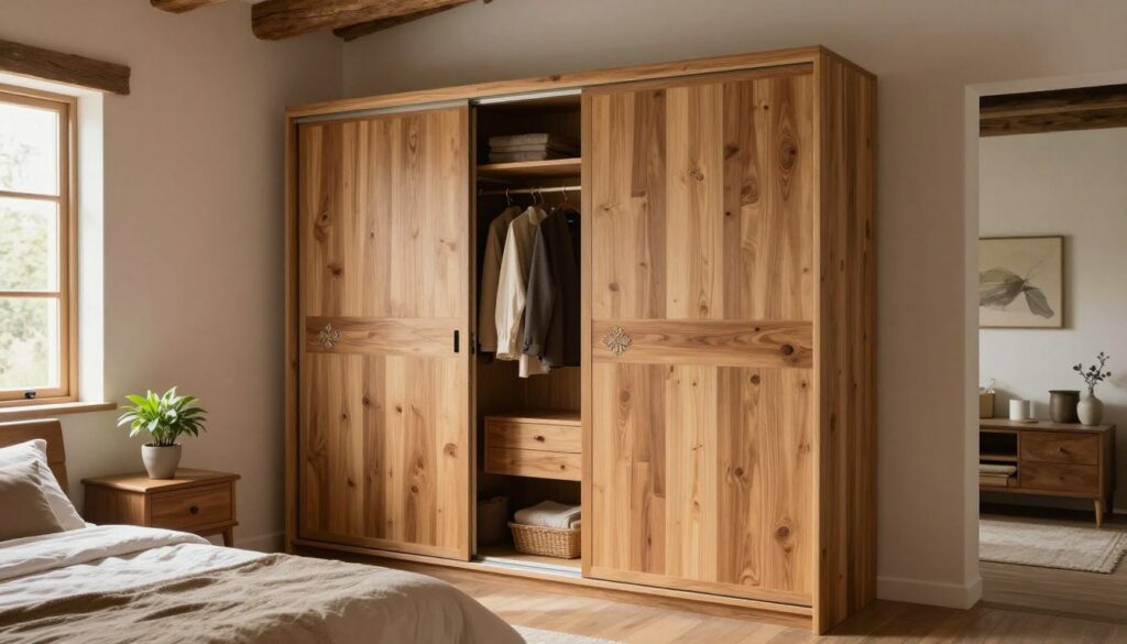 A spacious, rustic bedroom featuring a beautifully designed sliding wardrobe, showcasing natural wood textures in warm tones. The wardrobe is open, revealing neatly organized clothes, emphasizing its dimensions and proportions, which harmonize with the room's layout. In the foreground, a well-lit bedside table with a small potted plant adds a touch of greenery, while soft, natural light floods in from a nearby window, creating an inviting atmosphere. The middle ground highlights the wardrobe's smooth sliding doors, adorned with subtle decorative accents, while the background captures the essence of a tranquil rustic retreat with soft-toned walls and tasteful decor. The overall mood is serene and warm, ideal for illustrating the concept of selecting the right wardrobe dimensions for a harmonious space. A spacious, rustic bedroom featuring a beautifully designed sliding wardrobe, showcasing natural wood textures in warm tones. The wardrobe is open, revealing neatly organized clothes, emphasizing its dimensions and proportions, which harmonize with the room's layout. In the foreground, a well-lit bedside table with a small potted plant adds a touch of greenery, while soft, natural light floods in from a nearby window, creating an inviting atmosphere. The middle ground highlights the wardrobe's smooth sliding doors, adorned with subtle decorative accents, while the background captures the essence of a tranquil rustic retreat with soft-toned walls and tasteful decor. The overall mood is serene and warm, ideal for illustrating the concept of selecting the right wardrobe dimensions for a harmonious space.