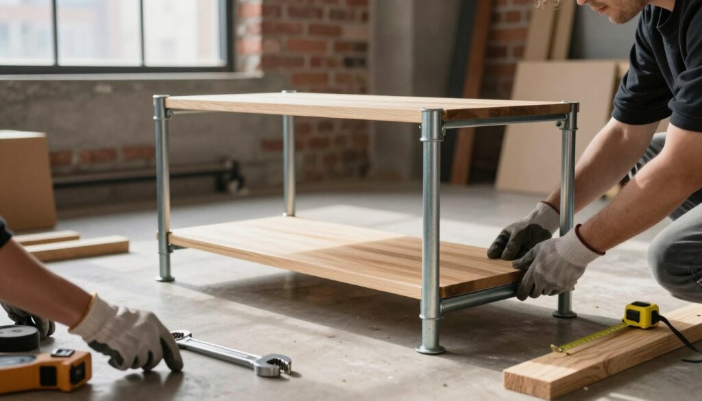 A step-by-step assembly of a loft-style shelf made from hydraulic pipes, featuring exposed metal and wooden shelves. In the foreground, a set of hands, wearing work gloves, skillfully connecting the pipes with precision tools, highlighting the DIY aspect. In the middle ground, the partially assembled shelf stands on a concrete floor, surrounded by tools like a wrench, a measuring tape, and wood planks, emphasizing an active workshop environment. The background is a softly blurred urban loft space with brick walls and industrial decor, providing a warm yet modern atmosphere. The lighting is bright and natural, streaming through a nearby window, casting soft shadows to enhance details. The composition captures the spirit of creativity and craftsmanship involved in building a stable and aesthetically pleasing shelf. A step-by-step assembly of a loft-style shelf made from hydraulic pipes, featuring exposed metal and wooden shelves. In the foreground, a set of hands, wearing work gloves, skillfully connecting the pipes with precision tools, highlighting the DIY aspect. In the middle ground, the partially assembled shelf stands on a concrete floor, surrounded by tools like a wrench, a measuring tape, and wood planks, emphasizing an active workshop environment. The background is a softly blurred urban loft space with brick walls and industrial decor, providing a warm yet modern atmosphere. The lighting is bright and natural, streaming through a nearby window, casting soft shadows to enhance details. The composition captures the spirit of creativity and craftsmanship involved in building a stable and aesthetically pleasing shelf.