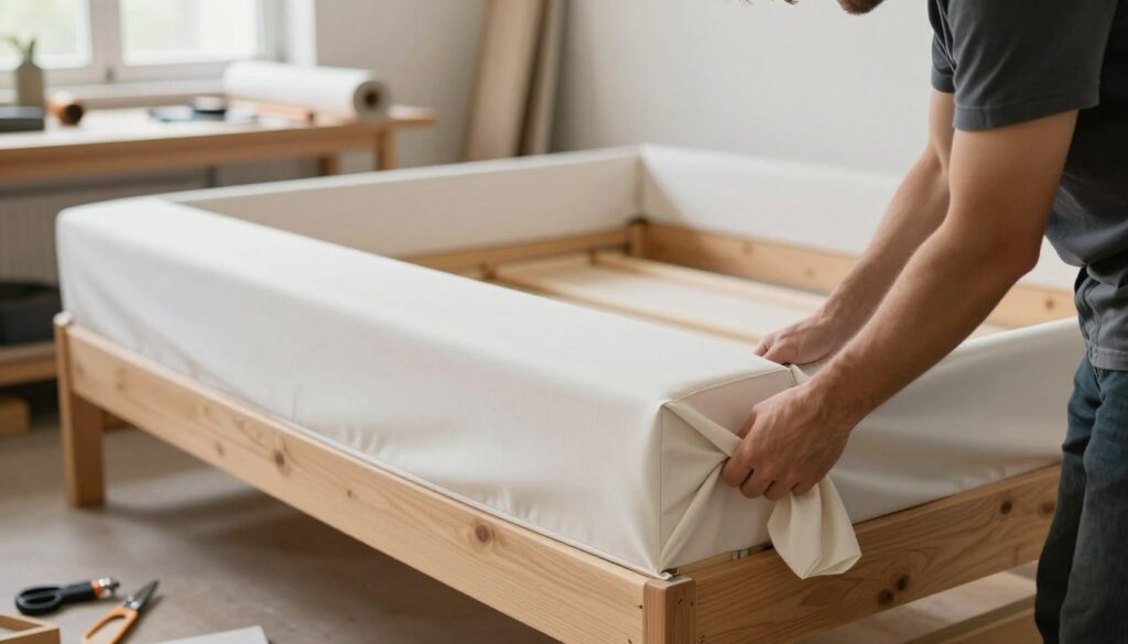 A step-by-step guide to upholstering a bed frame, focusing on the sides and front. The image should depict a skilled artisan in modest casual clothing, meticulously wrapping fabric around a wooden bed frame with even, smooth edges. In the foreground, show the artisan's hands securely holding the upholstery fabric, while in the middle ground, the bed frame is partially upholstered with neatly folded corners. The background should include a well-organized workshop with tools like a staple gun, scissors, and rolls of fabric, illuminated by soft, natural light filtering through a nearby window. The mood is focused and professional, conveying craftsmanship and precision in a serene workshop environment. A step-by-step guide to upholstering a bed frame, focusing on the sides and front. The image should depict a skilled artisan in modest casual clothing, meticulously wrapping fabric around a wooden bed frame with even, smooth edges. In the foreground, show the artisan's hands securely holding the upholstery fabric, while in the middle ground, the bed frame is partially upholstered with neatly folded corners. The background should include a well-organized workshop with tools like a staple gun, scissors, and rolls of fabric, illuminated by soft, natural light filtering through a nearby window. The mood is focused and professional, conveying craftsmanship and precision in a serene workshop environment.