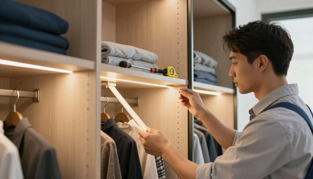 A step-by-step installation scene of LED lighting in a modern sliding wardrobe. In the foreground, a skilled technician in professional business attire is carefully attaching LED strips inside the wardrobe, focusing on precise alignment. The LED lights emit a warm glow, illuminating the interior of the wardrobe, showcasing neatly organized clothes and accessories. In the middle ground, tools like a screwdriver and a measuring tape are placed on a nearby surface, adding to the DIY atmosphere. In the background, the wardrobe's sleek design features a mirror and wood accents, enhancing the overall modern look. The lighting is soft, creating an inviting, organized mood that emphasizes practicality and ease of living. The angle captures the technician’s hands at work while highlighting the illuminated wardrobe interior effectively. A step-by-step installation scene of LED lighting in a modern sliding wardrobe. In the foreground, a skilled technician in professional business attire is carefully attaching LED strips inside the wardrobe, focusing on precise alignment. The LED lights emit a warm glow, illuminating the interior of the wardrobe, showcasing neatly organized clothes and accessories. In the middle ground, tools like a screwdriver and a measuring tape are placed on a nearby surface, adding to the DIY atmosphere. In the background, the wardrobe's sleek design features a mirror and wood accents, enhancing the overall modern look. The lighting is soft, creating an inviting, organized mood that emphasizes practicality and ease of living. The angle captures the technician’s hands at work while highlighting the illuminated wardrobe interior effectively.