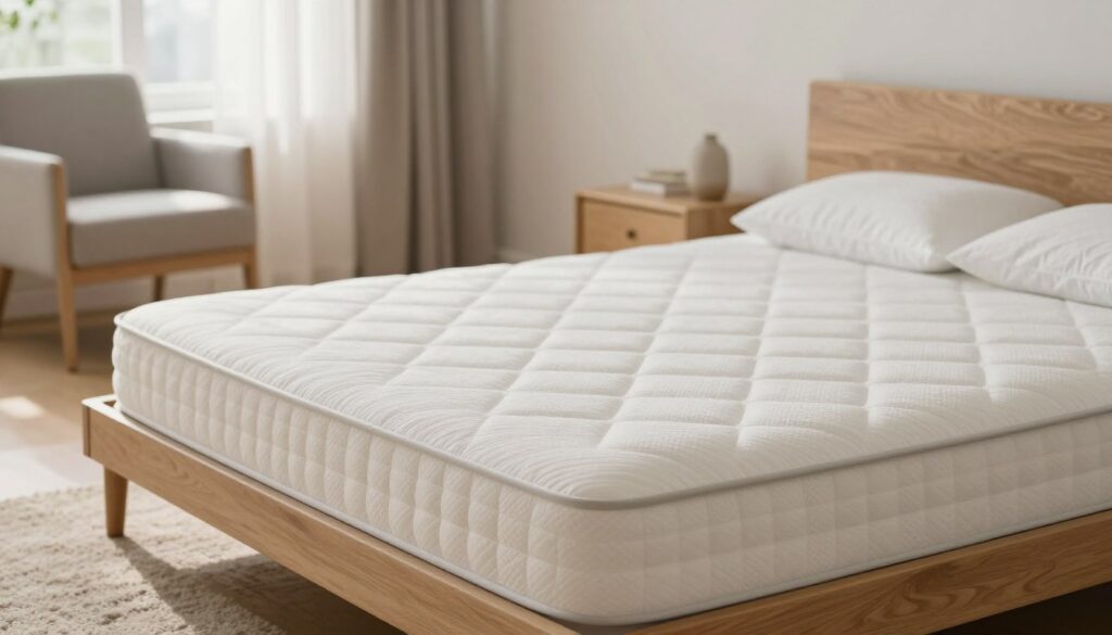 A sturdy mattress in a well-lit bedroom setting, showcasing its firm surface. In the foreground, highlight the mattress on a minimalist wooden bed frame with crisp bedding. The middle ground features a plush rug and a comfortable chair, creating an inviting space. In the background, softly blurred curtains let in natural sunlight, adding warmth to the room. The overall atmosphere should feel serene and balanced, emphasizing comfort and support. Use a soft focus lens effect to create a calming ambiance, suitable for discussing sleep quality. The scene should reflect a favorable choice for users seeking firmness, aiming for an image that illustrates health and support in sleep.