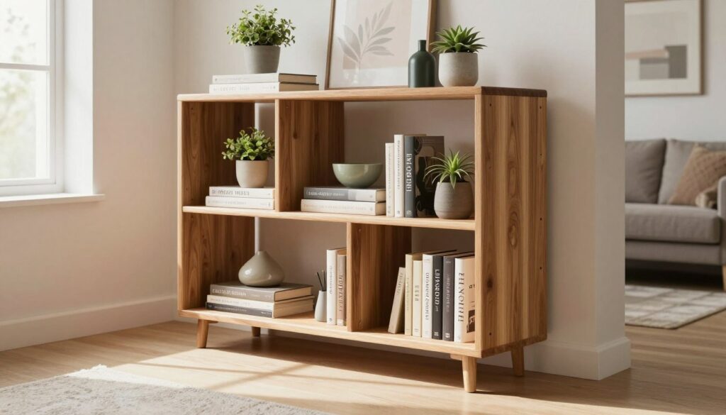 A stylish 80 cm wooden shelf unit, showcasing an innovative arrangement of shelves and storage solutions ideal for small interiors. In the foreground, the sleek design features varying shelf heights displaying books, plants, and decorative items, reflecting modern minimalism. The middle ground highlights the shelf's depth and proportions against a softly lit room, with natural light flooding in through a nearby window, casting gentle shadows. In the background, a cozy, well-decorated living space hints at functionality and style, with neutral walls and complementary furnishings. The overall mood is warm and inviting, embodying the practicality of storing items effectively while enhancing the room's aesthetic. Capture the scene from a slightly elevated angle to emphasize the shelf's design and its integration into the space.