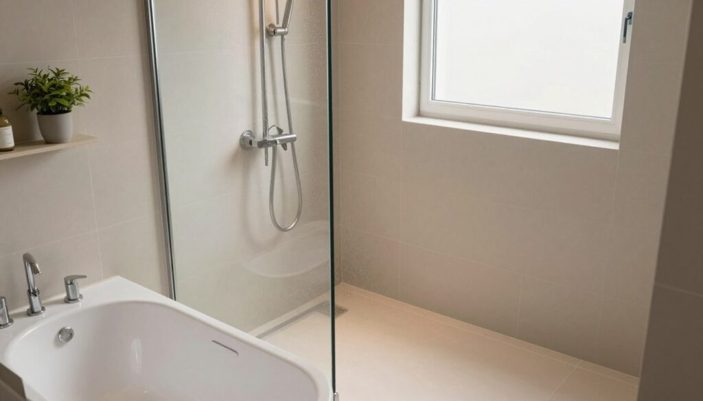 A stylish and modern bathroom featuring a combined bathtub and shower, showcasing a sleek glass shower screen designed to minimize water splashes. In the foreground, the tub is elegantly curved, surrounded by minimalist fixtures. The middle ground highlights a contemporary showerhead mounted on the wall with a warm, inviting shower stream. Soft, natural light filters in through a frosted window, enhancing the clean lines and glossy tiles. The background includes subtle greenery on a decorative shelf, adding a touch of freshness to the space. The atmosphere is serene and cozy, perfect for relaxation and practicality in a small 3 m² layout. Aim for a high angle to capture the entire area, emphasizing the efficient use of space and modern design elements.