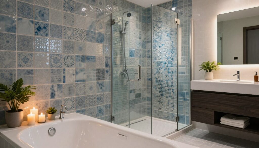 A stylish bathroom interior featuring harmoniously arranged ceramic tiles. In the foreground, showcase a beautifully designed bathtub with a sleek, modern faucet, surrounded by elegant decorative elements like candles and potted plants. The middle ground includes a walk-in shower with glass doors, adorned with mosaic tiles reflecting light. The tiles are in soothing shades of blue and gray, with intricate patterns that add texture. The background consists of a softly lit vanity with a large mirror, creating an inviting atmosphere. Warm, ambient lighting bathes the space, enhancing the materials' colors and creating a relaxing mood. Capture this scene from a slightly elevated angle to provide a comprehensive view of the bathroom layout, emphasizing both comfort and style.