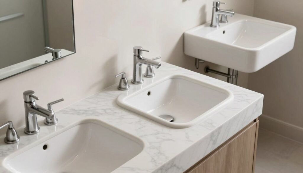 A stylish bathroom showcasing a comparison of three types of sinks: a countertop sink, an undermount sink, and a wall-mounted sink. In the foreground, a gleaming countertop sink with decorative fixtures; in the middle, a sleek undermount sink seamlessly integrated into an elegant marble countertop; and in the background, a modern wall-mounted sink with minimalist design. Soft, natural lighting illuminates the space, highlighting the textures of the materials. The angle is slightly elevated, providing a clear view of all three sinks, creating a harmonious and inviting atmosphere. The setting conveys a sense of comfort and practicality, perfect for a daily living experience. A stylish bathroom showcasing a comparison of three types of sinks: a countertop sink, an undermount sink, and a wall-mounted sink. In the foreground, a gleaming countertop sink with decorative fixtures; in the middle, a sleek undermount sink seamlessly integrated into an elegant marble countertop; and in the background, a modern wall-mounted sink with minimalist design. Soft, natural lighting illuminates the space, highlighting the textures of the materials. The angle is slightly elevated, providing a clear view of all three sinks, creating a harmonious and inviting atmosphere. The setting conveys a sense of comfort and practicality, perfect for a daily living experience.