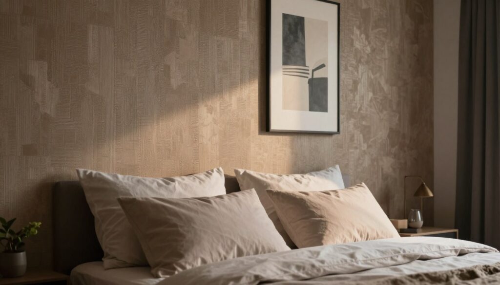 A stylish bedroom scene featuring a wall above a bed, adorned with an eye-catching material that exudes elegance. The foreground showcases a neatly made bed with plush pillows and soft linens in neutral tones. In the middle, the wall behind the bed is highlighted with textured wallpaper in earthy hues or a chic, modern art piece that draws attention. Soft ambient lighting enhances the material's unique qualities, casting gentle shadows and creating a warm atmosphere. The background reveals a cozy, intimate setting with subtle decor elements like bedside lamps and plants. The overall composition conveys a sense of tranquility and sophistication, perfect for a serene bedroom retreat. The image should be captured with a shallow depth of field to focus on the wall's details, enhancing the mood without distractions. A stylish bedroom scene featuring a wall above a bed, adorned with an eye-catching material that exudes elegance. The foreground showcases a neatly made bed with plush pillows and soft linens in neutral tones. In the middle, the wall behind the bed is highlighted with textured wallpaper in earthy hues or a chic, modern art piece that draws attention. Soft ambient lighting enhances the material's unique qualities, casting gentle shadows and creating a warm atmosphere. The background reveals a cozy, intimate setting with subtle decor elements like bedside lamps and plants. The overall composition conveys a sense of tranquility and sophistication, perfect for a serene bedroom retreat. The image should be captured with a shallow depth of field to focus on the wall's details, enhancing the mood without distractions.