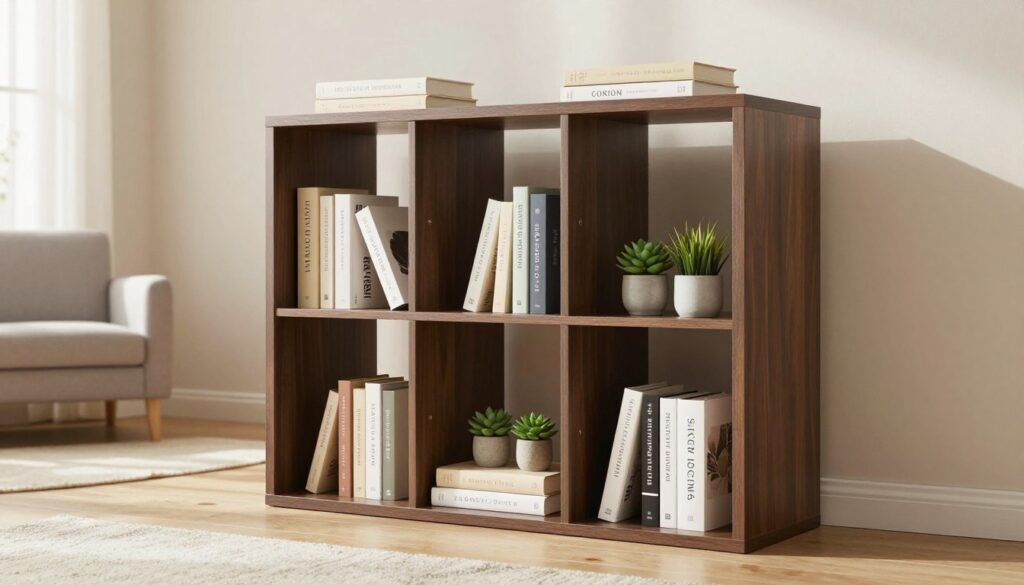 A stylish, compact bookshelf designed for small interiors, showcasing a sleek, modern design. The bookshelf is 80 cm wide, with well-proportioned shelves of varying depths to accommodate books, decorative items, and plants. The foreground features the bookshelf filled with neatly arranged books and small potted succulents. In the middle ground, there is a cozy living space, including a small armchair and a soft rug, contributing to the inviting atmosphere. The background features soft, natural lighting streaming through a window, creating a warm and serene ambiance. The scene is shot from a low angle to emphasize the height and structure of the bookshelf, conveying a sense of space and organization in a small room.