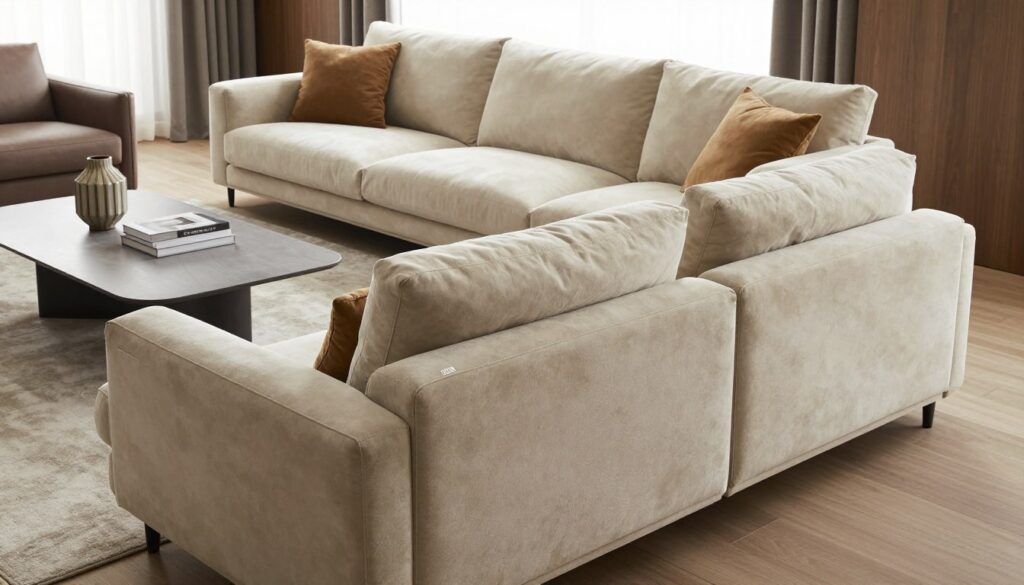A stylish corner sofa, the "Tulipano," elegantly arranged in a modern living room setting. The foreground features the sofa with soft, plush cushions and a sleek design, showcasing its dimensions and ergonomic qualities. In the middle ground, a chic coffee table and a few decorative elements, such as a stylish vase and elegant books, complement the scene. The background includes a cozy window with sheer curtains allowing natural light to illuminate the space, highlighting the sofa's upholstery. The room exudes a contemporary atmosphere with warm neutral tones. The image is taken from a slightly elevated angle to capture the layout of the furniture and the entire room's harmony. The lighting is bright and inviting, creating a welcoming ambiance. A stylish corner sofa, the "Tulipano," elegantly arranged in a modern living room setting. The foreground features the sofa with soft, plush cushions and a sleek design, showcasing its dimensions and ergonomic qualities. In the middle ground, a chic coffee table and a few decorative elements, such as a stylish vase and elegant books, complement the scene. The background includes a cozy window with sheer curtains allowing natural light to illuminate the space, highlighting the sofa's upholstery. The room exudes a contemporary atmosphere with warm neutral tones. The image is taken from a slightly elevated angle to capture the layout of the furniture and the entire room's harmony. The lighting is bright and inviting, creating a welcoming ambiance.