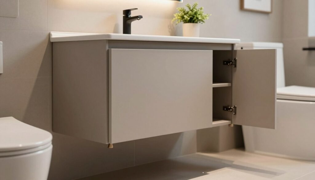 A stylish, functional bathroom cabinet designed for small spaces, showcasing a sleek, modern aesthetic. The cabinet is made of durable, water-resistant material, featuring soft-close doors and compact storage options. In the foreground, focus on the cabinet's polished surface with close-up details of its stabilization features, such as rubber feet and glide pads to protect the floor. In the middle, capture the overall design, emphasizing its practicality and elegance, perhaps with a small decorative plant on top. The background includes a softly lit bathroom setting, highlighting neutral tones and contemporary fixtures. The lighting is warm and inviting, creating a cozy atmosphere. The angle is slightly elevated to capture the cabinet in full view while also showing how it fits seamlessly within a small bathroom environment. A stylish, functional bathroom cabinet designed for small spaces, showcasing a sleek, modern aesthetic. The cabinet is made of durable, water-resistant material, featuring soft-close doors and compact storage options. In the foreground, focus on the cabinet's polished surface with close-up details of its stabilization features, such as rubber feet and glide pads to protect the floor. In the middle, capture the overall design, emphasizing its practicality and elegance, perhaps with a small decorative plant on top. The background includes a softly lit bathroom setting, highlighting neutral tones and contemporary fixtures. The lighting is warm and inviting, creating a cozy atmosphere. The angle is slightly elevated to capture the cabinet in full view while also showing how it fits seamlessly within a small bathroom environment.