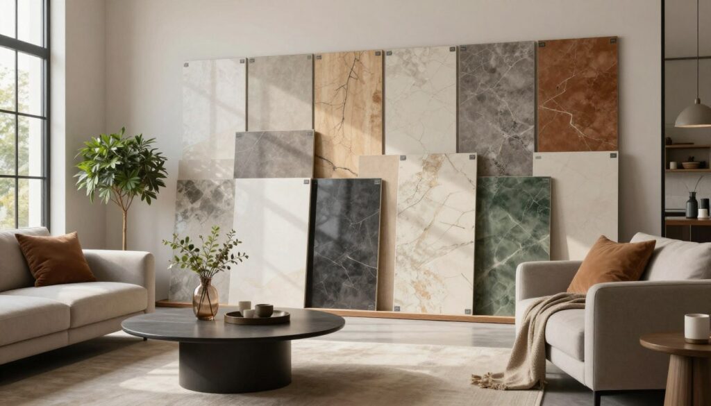 A stylish interior design scene showcasing a selection of various tiles, emphasizing matte and glossy finishes. In the foreground, display an elegant living room setting with a modern couch, coffee table, and decorative plants, highlighting the interplay of light on different tile surfaces. The middle ground features a curated display of tile samples arranged artistically, showcasing a range of colors and textures that complement stylish decor. In the background, incorporate soft natural light filtering through large windows, illuminating the space and creating an inviting atmosphere. Use a warm color palette to evoke coziness, and ensure the composition is well-balanced, focusing on the harmonious integration of tiles within the interior design. A stylish interior design scene showcasing a selection of various tiles, emphasizing matte and glossy finishes. In the foreground, display an elegant living room setting with a modern couch, coffee table, and decorative plants, highlighting the interplay of light on different tile surfaces. The middle ground features a curated display of tile samples arranged artistically, showcasing a range of colors and textures that complement stylish decor. In the background, incorporate soft natural light filtering through large windows, illuminating the space and creating an inviting atmosphere. Use a warm color palette to evoke coziness, and ensure the composition is well-balanced, focusing on the harmonious integration of tiles within the interior design.