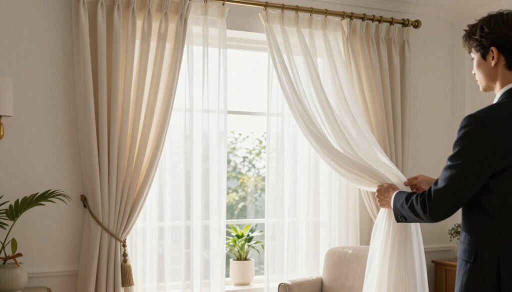 A stylish interior scene showcasing a person adjusting sheer, elegant curtains in a bright, airy room. In the foreground, a handsomely dressed individual uses decorative tiebacks to elegantly drape the curtains, creating an illusion of a taller and wider window. The middle ground features a beautifully arranged window dressed in these curtains, flanked by subtle decorative elements, like potted plants or a cozy armchair. The background highlights soft natural light streaming in, giving the atmosphere a warm and inviting feel. The angle captures both the curtains and the window frame, emphasizing their visual impact on the room's proportions. Overall, the image radiates a sense of sophistication and functionality in home decor. A stylish interior scene showcasing a person adjusting sheer, elegant curtains in a bright, airy room. In the foreground, a handsomely dressed individual uses decorative tiebacks to elegantly drape the curtains, creating an illusion of a taller and wider window. The middle ground features a beautifully arranged window dressed in these curtains, flanked by subtle decorative elements, like potted plants or a cozy armchair. The background highlights soft natural light streaming in, giving the atmosphere a warm and inviting feel. The angle captures both the curtains and the window frame, emphasizing their visual impact on the room's proportions. Overall, the image radiates a sense of sophistication and functionality in home decor.