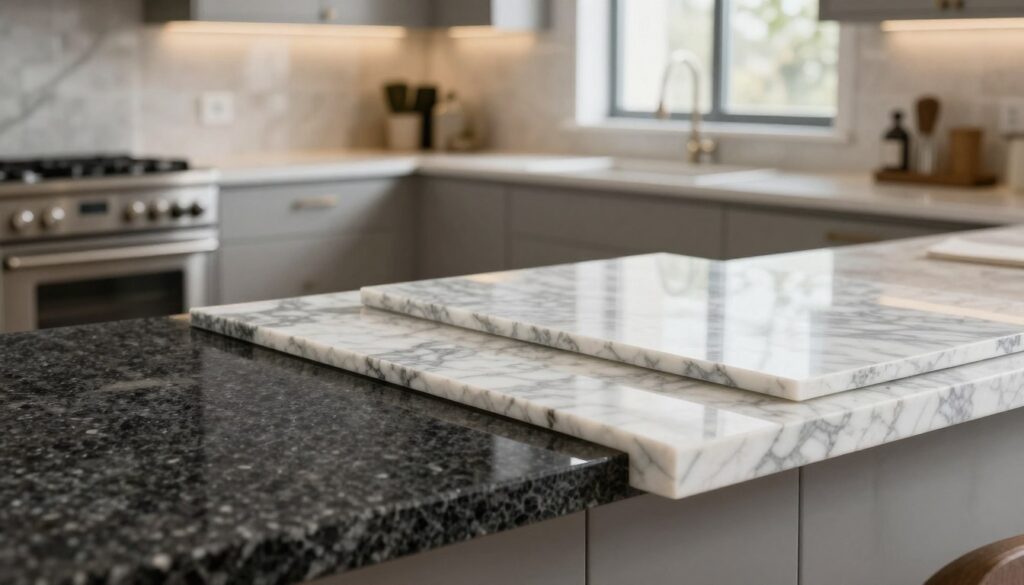 A stylish kitchen countertop showcasing various types of stone materials suitable for kitchen use. In the foreground, display slabs of granite, quartz, and marble, highlighting their unique textures and colors—rich blacks, vibrant whites, and soft grays. Include a polished finish reflecting light, emphasizing their durability and aesthetic appeal. In the middle ground, feature a modern kitchen setting with sleek cabinetry and stainless steel appliances, giving context to the countertop materials. In the background, softly lit with warm, natural light filtering through a window, creating a welcoming ambiance. The overall atmosphere should feel contemporary and elegant, inviting viewers to consider the beauty and functionality of these materials for their own kitchens. A stylish kitchen countertop showcasing various types of stone materials suitable for kitchen use. In the foreground, display slabs of granite, quartz, and marble, highlighting their unique textures and colors—rich blacks, vibrant whites, and soft grays. Include a polished finish reflecting light, emphasizing their durability and aesthetic appeal. In the middle ground, feature a modern kitchen setting with sleek cabinetry and stainless steel appliances, giving context to the countertop materials. In the background, softly lit with warm, natural light filtering through a window, creating a welcoming ambiance. The overall atmosphere should feel contemporary and elegant, inviting viewers to consider the beauty and functionality of these materials for their own kitchens.