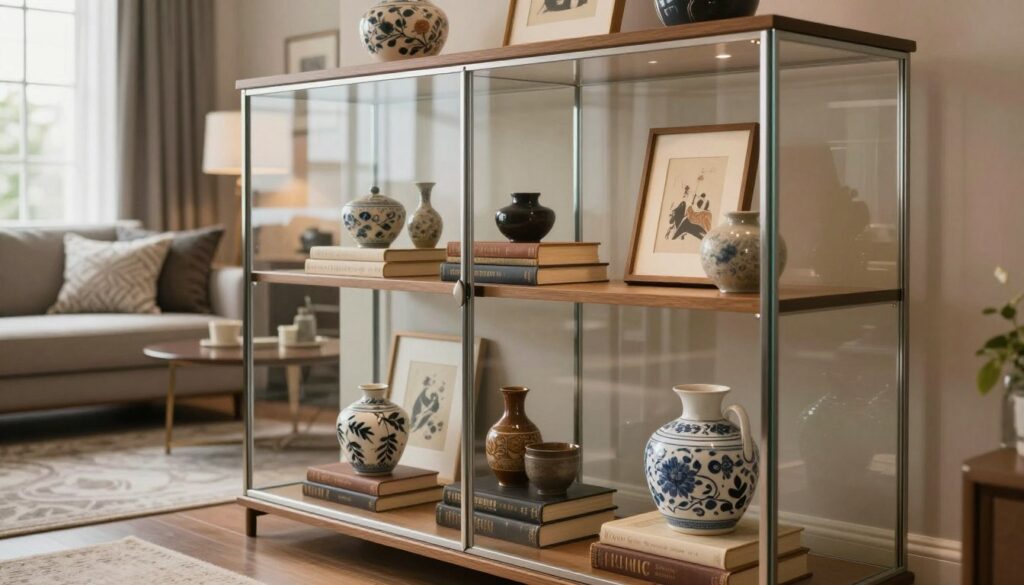 A stylish living room display featuring an elegantly arranged glass cabinet showcasing curated decor items. In the foreground, highlight decorative objects like artisanal ceramics, vintage books, and framed artwork arranged meticulously on wooden shelves. In the middle, the glass cabinet stands against a backdrop of a tastefully designed room, with soft, ambient lighting creating a warm atmosphere. The background includes a cozy sofa with patterned cushions and a neutral-toned rug, complementing the cabinet’s aesthetics. A large window lets in natural light, enhancing the inviting feel. Use a soft focus effect to add depth, ensuring the overall vibe is cohesive and elegant, perfect for illustrating stylish interior design. A stylish living room display featuring an elegantly arranged glass cabinet showcasing curated decor items. In the foreground, highlight decorative objects like artisanal ceramics, vintage books, and framed artwork arranged meticulously on wooden shelves. In the middle, the glass cabinet stands against a backdrop of a tastefully designed room, with soft, ambient lighting creating a warm atmosphere. The background includes a cozy sofa with patterned cushions and a neutral-toned rug, complementing the cabinet’s aesthetics. A large window lets in natural light, enhancing the inviting feel. Use a soft focus effect to add depth, ensuring the overall vibe is cohesive and elegant, perfect for illustrating stylish interior design.