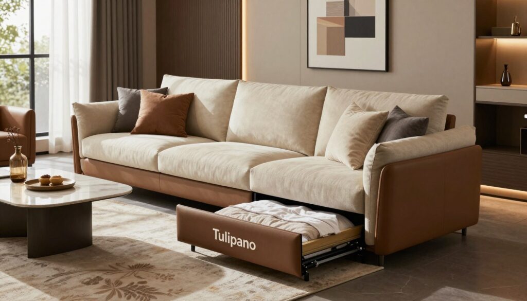 A stylish living room featuring a "Tulipano" corner sofa designed with an elegant Italian frame, showcasing its functionality for sleeping and storage. The foreground includes a neatly arranged sofa, draped with soft, contemporary cushions, and with a hidden storage compartment slightly opened, revealing bedding. In the middle ground, a chic coffee table complements the scene, surrounded by an elegant rug. The background displays a tastefully decorated wall with modern artwork and ambient lighting that creates a warm and inviting atmosphere. The room has large windows that let in natural light, casting gentle shadows and highlighting the rich textures of the materials used in the decor. The mood is cozy and sophisticated, ideal for relaxation or entertaining guests. A stylish living room featuring a "Tulipano" corner sofa designed with an elegant Italian frame, showcasing its functionality for sleeping and storage. The foreground includes a neatly arranged sofa, draped with soft, contemporary cushions, and with a hidden storage compartment slightly opened, revealing bedding. In the middle ground, a chic coffee table complements the scene, surrounded by an elegant rug. The background displays a tastefully decorated wall with modern artwork and ambient lighting that creates a warm and inviting atmosphere. The room has large windows that let in natural light, casting gentle shadows and highlighting the rich textures of the materials used in the decor. The mood is cozy and sophisticated, ideal for relaxation or entertaining guests.